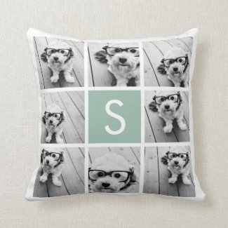 Photo Collage Custom Monogram Mint Green Throw Pillow