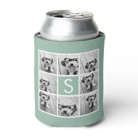 Photo Collage Custom Monogram Mint Green Can Cooler