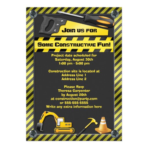 Photo Construction Birthday Party Tools and Digger Announcement