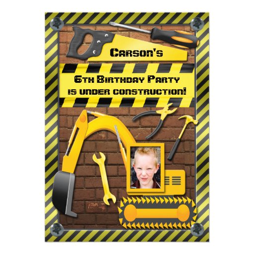 Photo Construction Birthday Party Tools and Digger Announcement