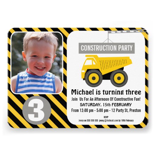 Photo Construction Truck Birthday Invitation