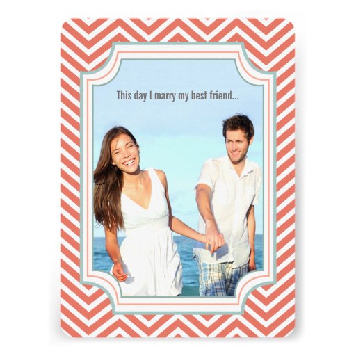 Photo Peach and Mint Zig Zag Typography Wedding Custom Invite