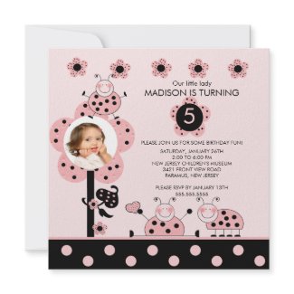 Photo Pink & Black Ladybugs Birthday Invitation invitation