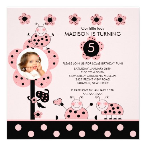 Photo Pink & Black Ladybugs Birthday Invitation