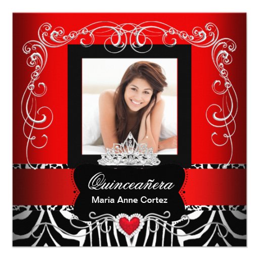 Photo Quinceanera 15th Birthday Red Zebra Personalized Announcement