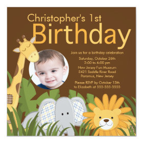 Photo Safari Jungle Animal Kid Birthday Party 5.25x5.25 Square Paper Invitation Card