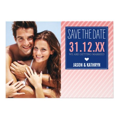 PHOTO SAVE THE DATE ombre angled stripe navy coral Invitations