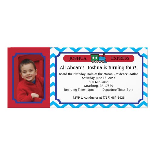 Photo Train Ticket - Blue Chevron Stripes Personalized Invitation