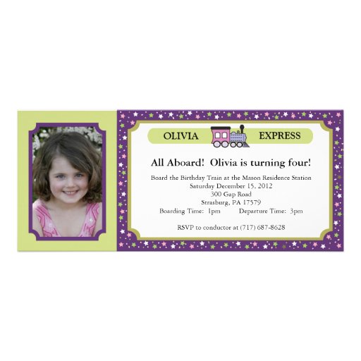 Photo Train Ticket - Purple & Green Invites