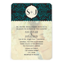 Photo Vintage Damask Emerald Green Black Wedding Cards