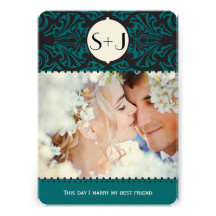 Photo Vintage Damask Emerald Green Black Wedding Announcements