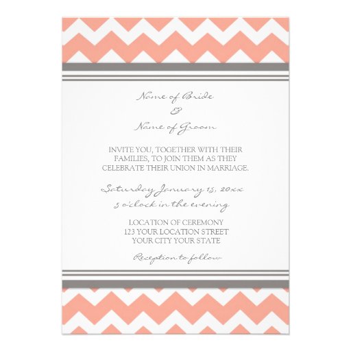 Photo Wedding Invitations Grey Coral Chevron