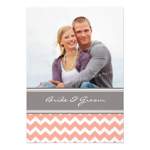 Photo Wedding Invitations Grey Coral Chevron