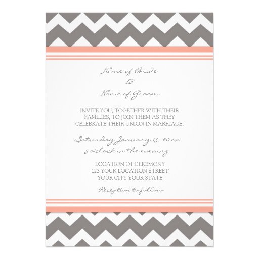 Photo Wedding Invitations Grey Coral Chevron