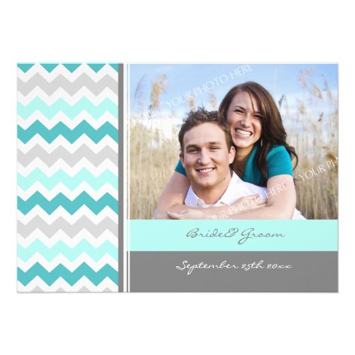 Photo Wedding Invitations Grey Teal Chevron