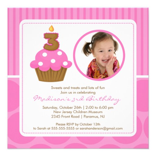 PhotoCupcake Birthday Invitation 3rd Birthday Pink