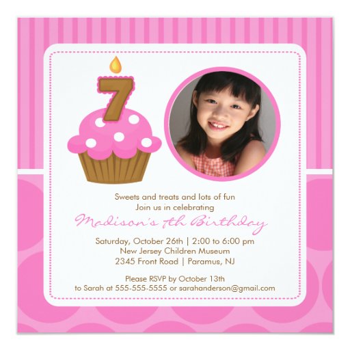 PhotoCupcake Birthday Invitation 7th Birthday Pink | Zazzle