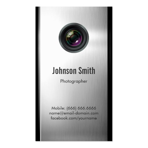 Photographer - Camera Lens in Silver Metallic Look Business Card (front side)