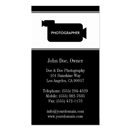 Photographer Filmmaker Photography Black/White Business Cards (back side)