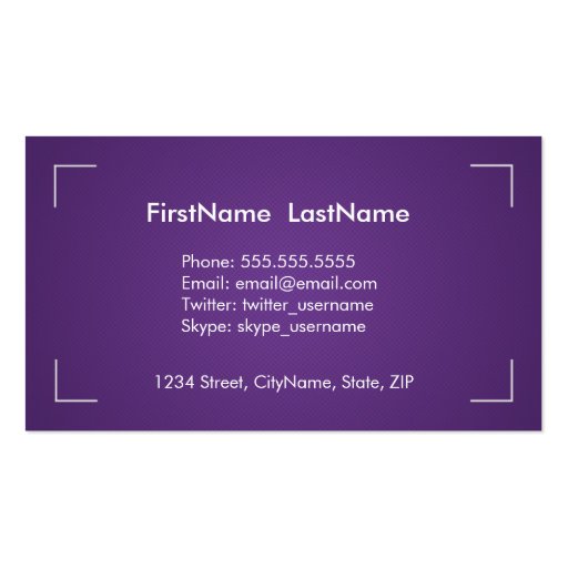 Photography Business Cards in Purple & White (back side)