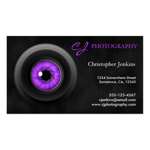 Photography Camera Lens Amethyst Business Card (front side)