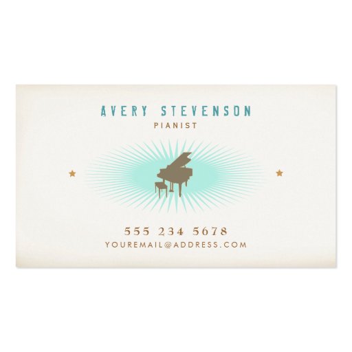 Pianist Hip Retro Style Typography Turquoise Burst Business Card Template (front side)