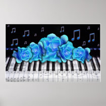 Piano Keyboard Blue Roses Colossal Size Posters