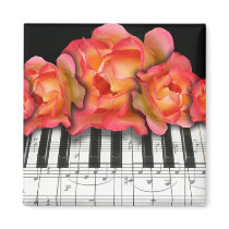 Piano Keyboard Roses and Music Notes magnets