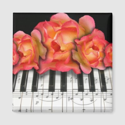 Piano Keyboard Roses and Music Notes magnets