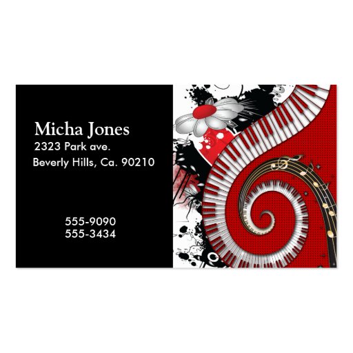 Piano Keys Music Notes Grunge Floral Swirls Business Card (front side)