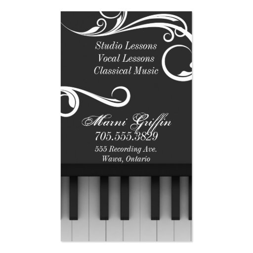 Piano Teacher Lessons Business Card Elegant Swirl (back side)