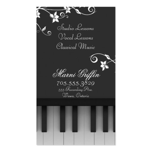 Piano Teacher Lessons Business Card Floral Swirl (back side)