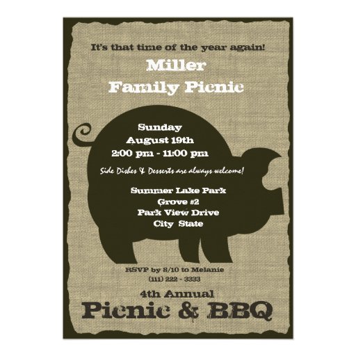 Picnic and BBQ Brown Hog Personalized Invites (front side)
