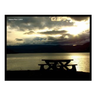 Picnic Table By Lake At Sunset Photo Postcard
