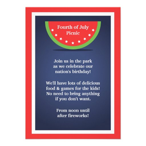 Picnic Watermelon 4th of July Party Invitations (front side)