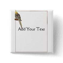 Pied Cockatiel on a Branch with White Pinback Buttons