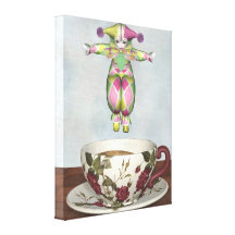 Pierrot Clown Doll Jumping into a Tea Cup Stretched Canvas Print