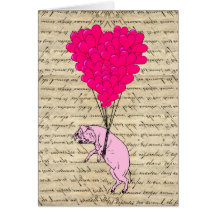 Pig and heart balloons greeting card