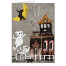 Pig Ghosts Haunted House Halloween CARD