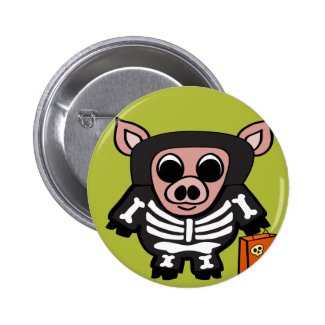 Pig in Skeleton Costume Trick or Treat 2 Inch Round Button
