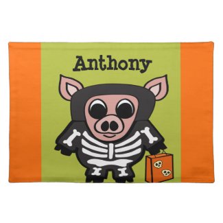 Pig in Skeleton Costume Trick or Treat Cloth Placemat