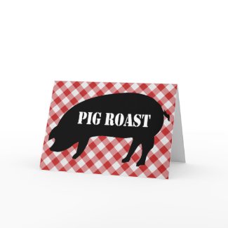 Pig Silo, Red and White Checkered Fabric Pig Roast card