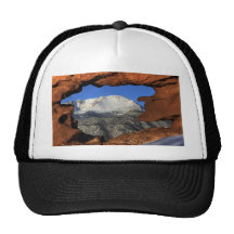 Pikes Peak seen through keyhole rock formation Hat