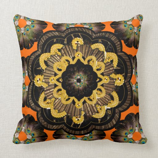 Pillow Black Gold Orange Hippy Mandala Zazzle