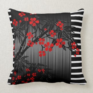 Pillows Asian Black Red Bamboo Blossom throwpillow