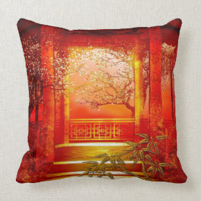Pillows Asian Gold Red Bamboo Blossom throwpillow