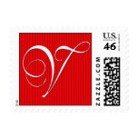 Pin Stripe Red Monogram  - Letter V Postage