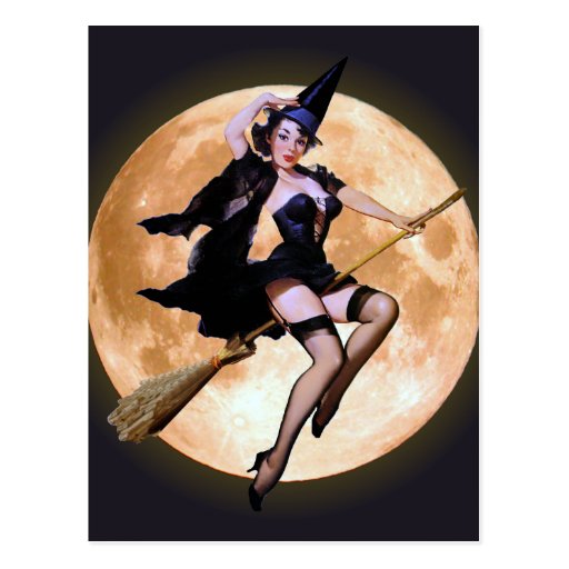 Pin Up Witch Against A Harvest Moon Postcard Zazzle