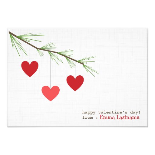 Pine Bough & Red Hearts Valentine's Day Card (front side)