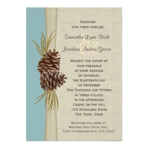 Pine Cones and Burlap Winter Blue Wedding Invite